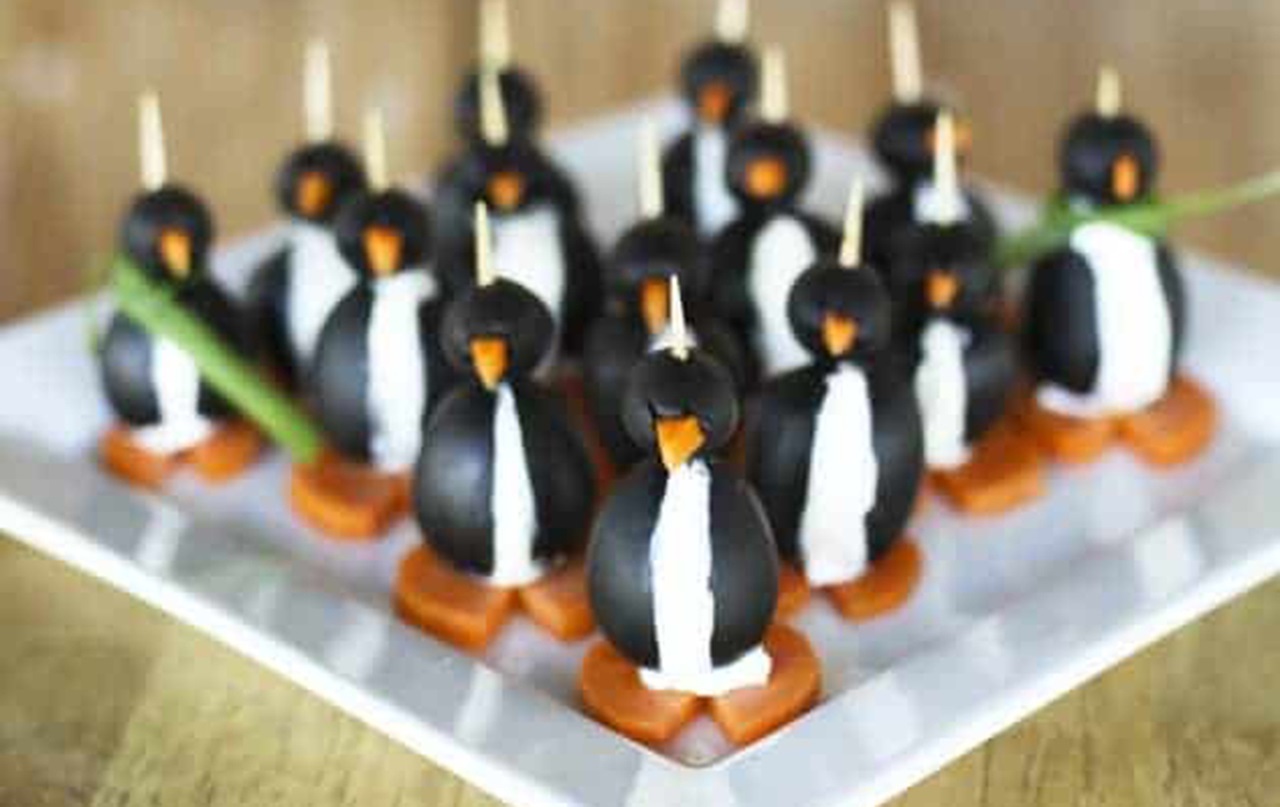 MouthHealthy holiday nutrition penguins made of olives and cream cheese