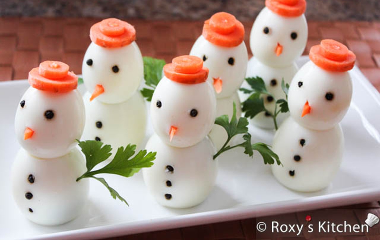 MouthHealthy holiday nutrition snowmen made from hard boiled eggs