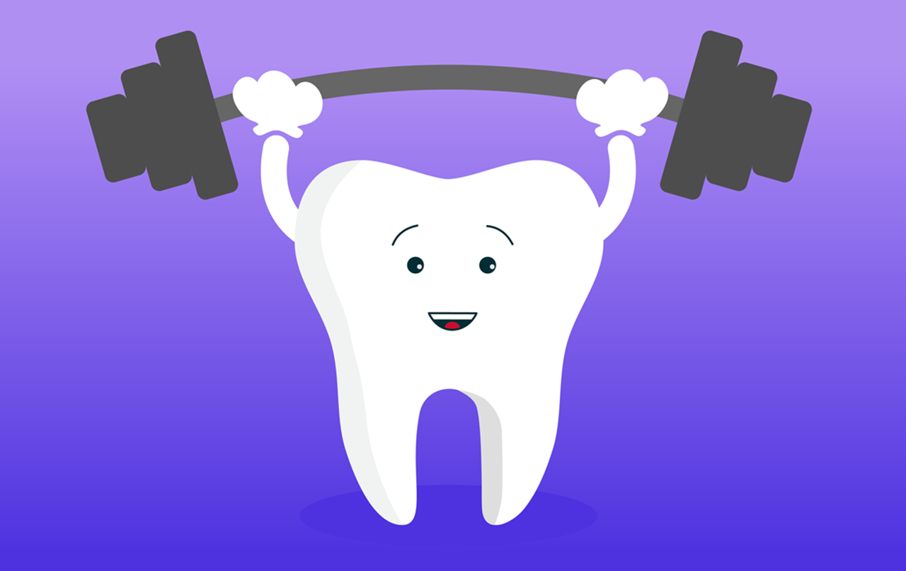 A cartoon image of a tooth lifting weights.