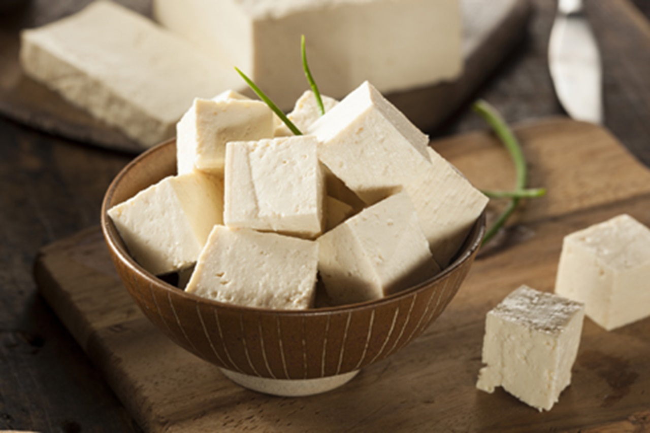 Bowl of large tofu cubes.