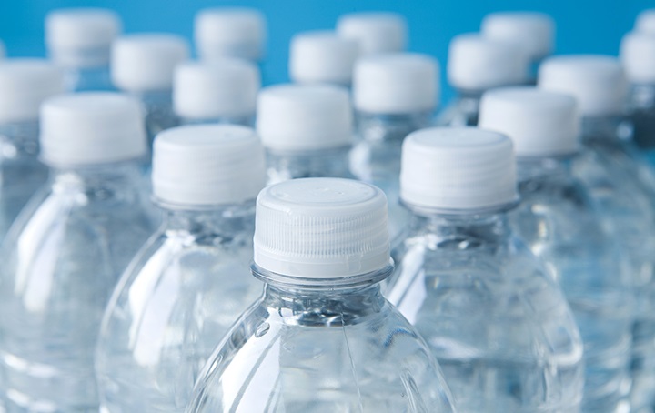 Top fourth view of several new bottles of water