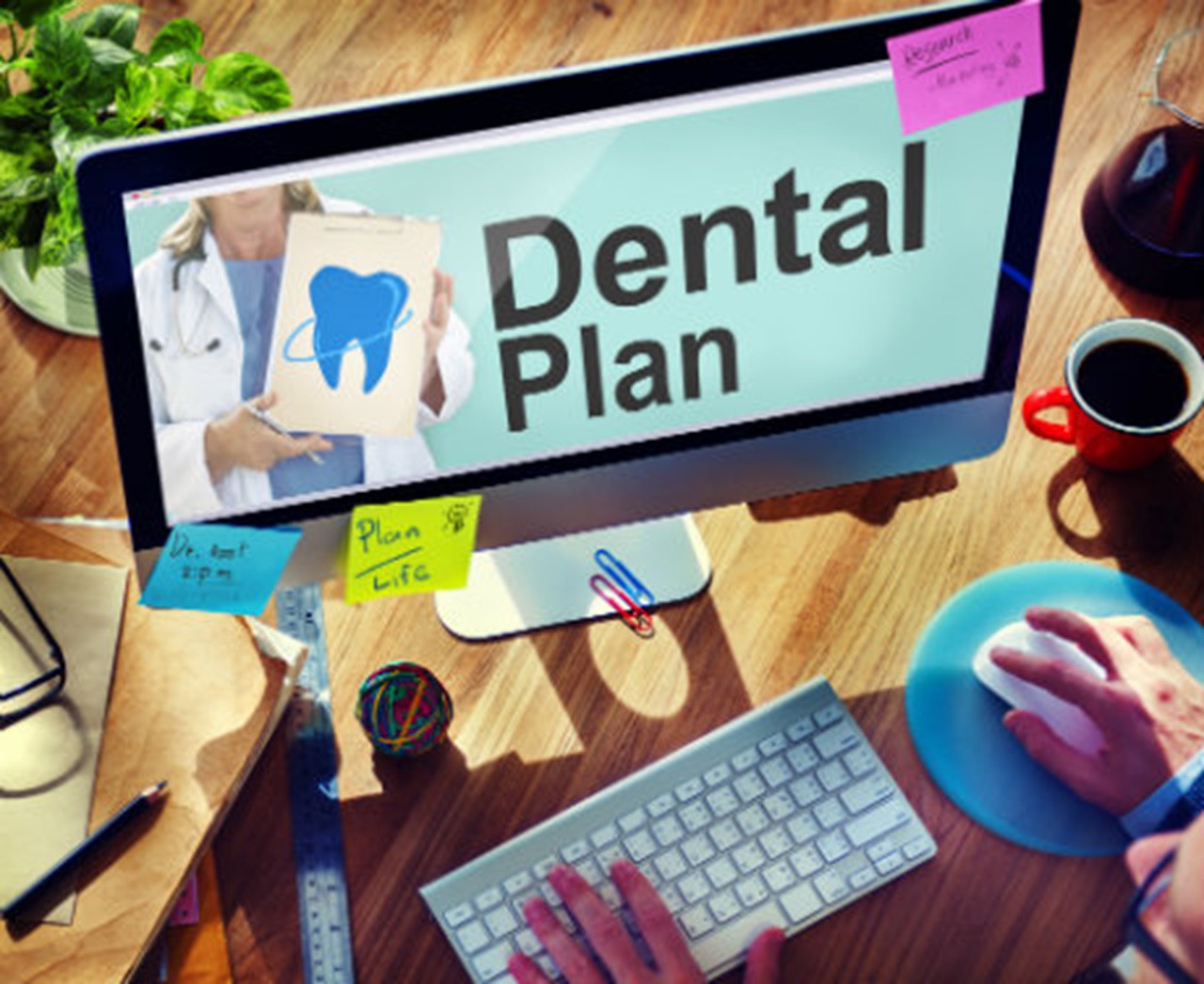 A person researching dental benefits options on a computer.