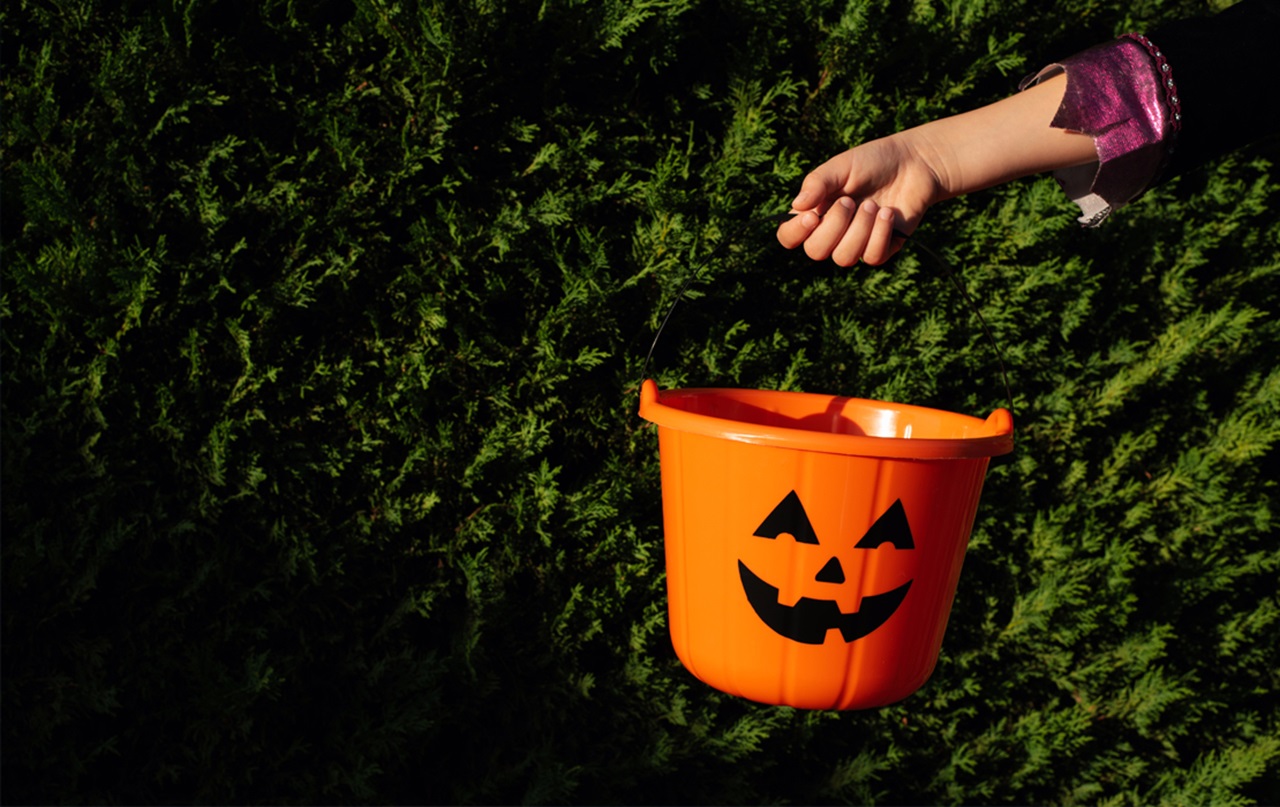 An image of someone holiding a candy bucket for Halloween