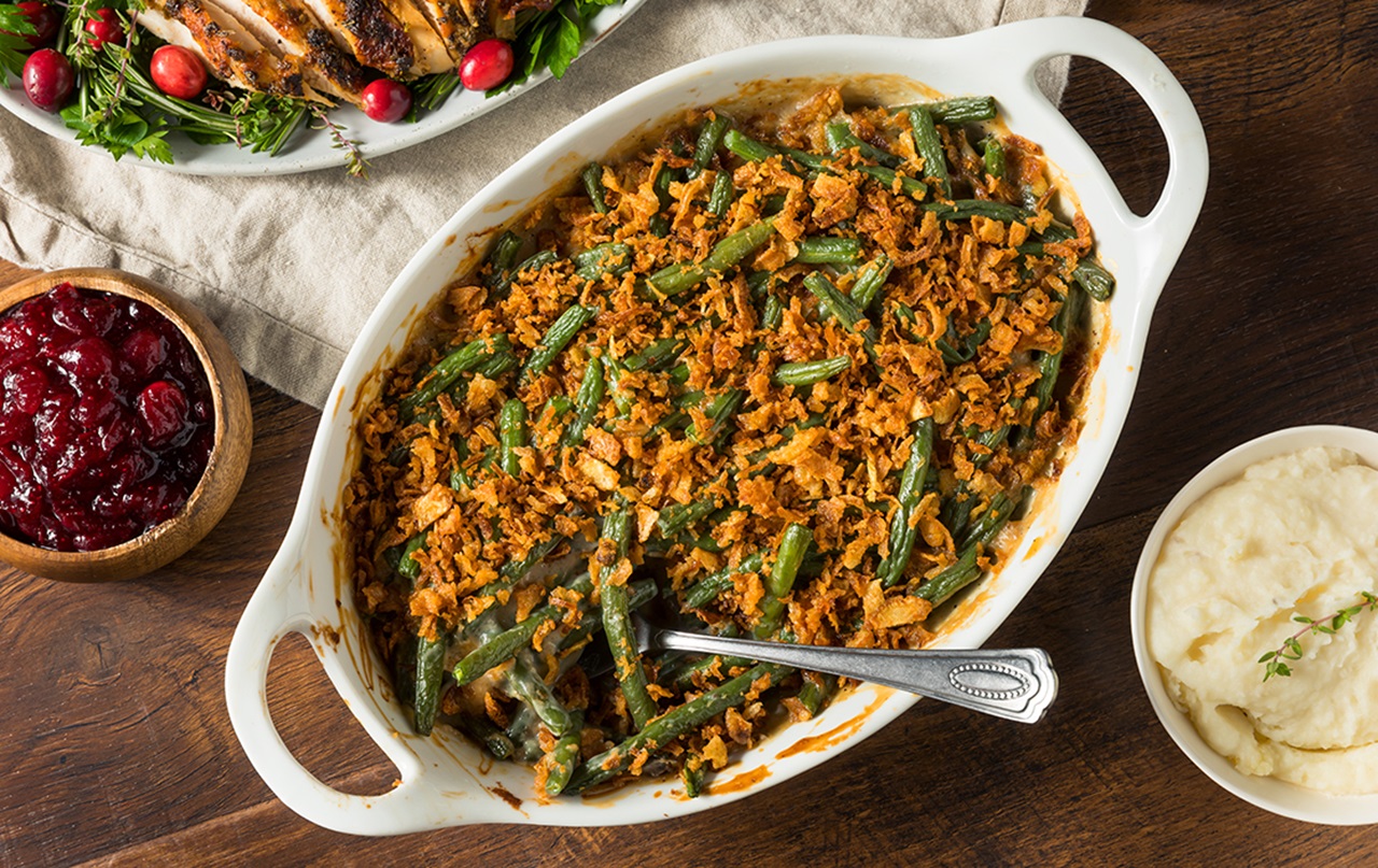 A photograph of green bean casserole.