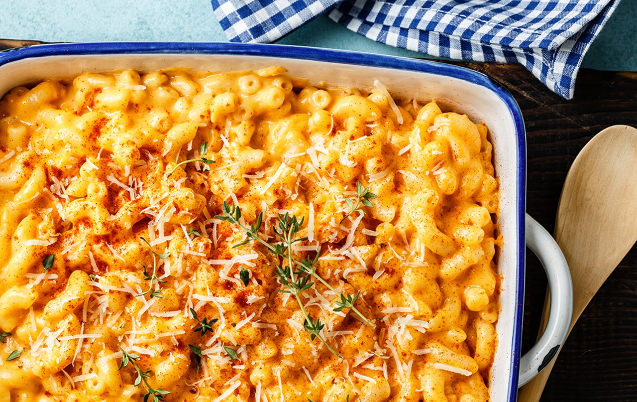 A photograph of mac and cheese.